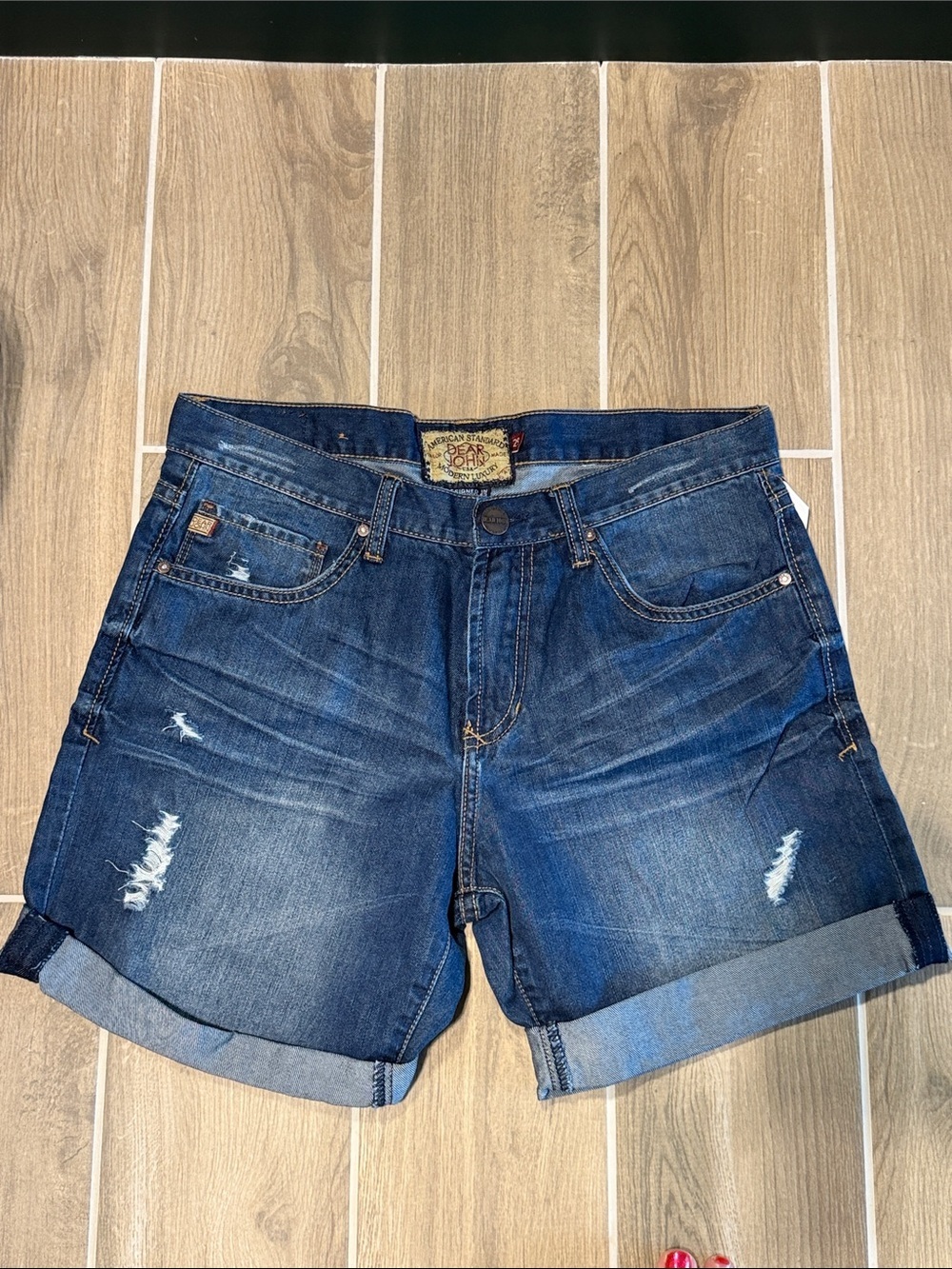 Dear John Dark Blue Rolled Cuff Distressed Denim Shorts